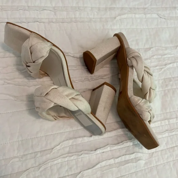 Dolce Vita Beige Silk Double Strap Braided Heels Pheby Size 6 Square Toe - Picture 6 of 11